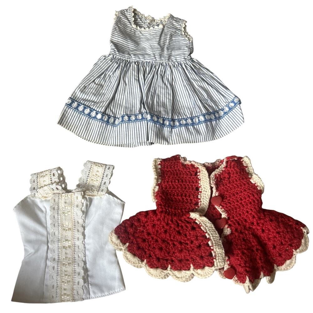 Vintage Doll Dress Tops Lot 3 Handmade Blue Red Hearts Crocheted